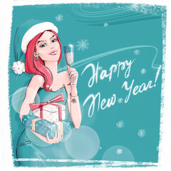 Merry Christmas, Happy New Year - fashion card with Santa Claus girl, gifts, glass of champagne and snowflakes. Winter holiday minimalist sketch illustration. Turquoise background