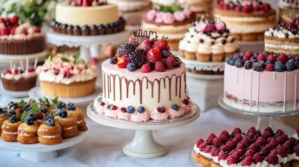 Naklejka premium 50.A decadent dessert table featuring multiple cakes and pastries, each one beautifully presented with rich frostings, fresh fruit toppings, and intricate decorative elements, creating a feast for