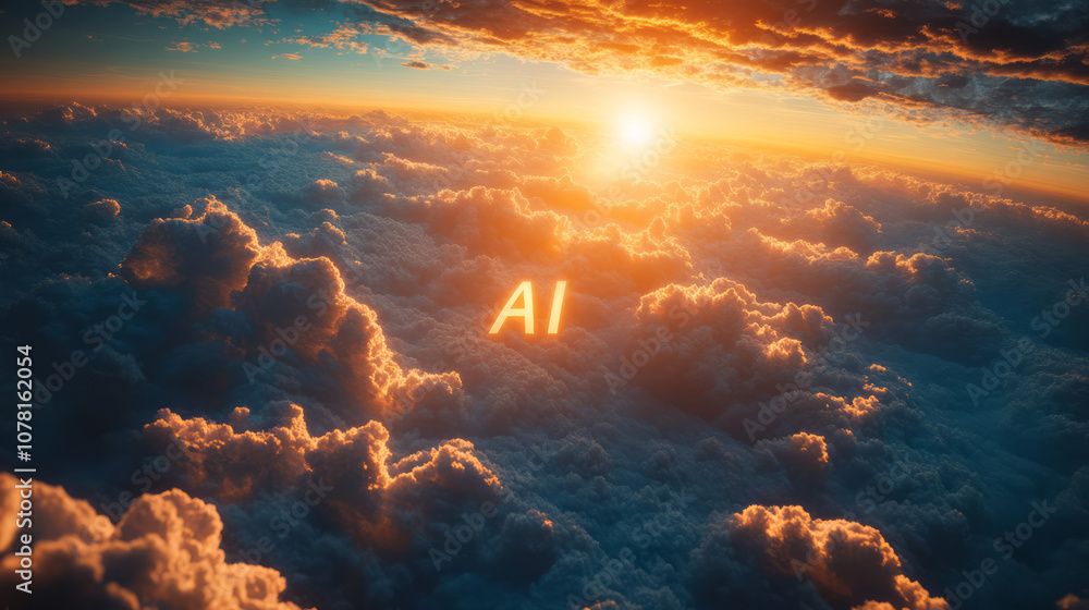Poster Minimalist representation of AI as a floating cloud over Earth, with soft edges and subtle light gradients,