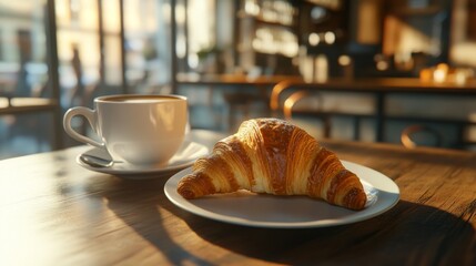 84.A delicious breakfast view featuring a golden croissant and a cup of coffee, set against a cafe...