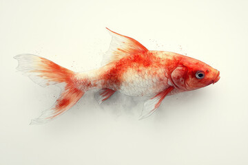 Fototapeta premium Minimalist illustration of a single red fish on a clean white background, with simple, smooth lines and soft shadows,