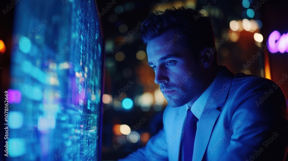 Aufkleber focused businessman working late on a glowing computer screen