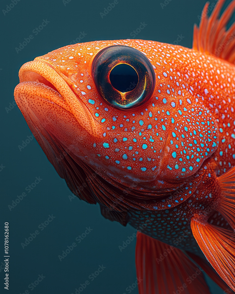Poster close-up of a single red fish, with smooth textures and subtle highlights, set against a neutral bac