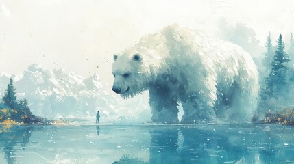 A surreal portrayal of a giant polar bear walking by a tranquil lake surrounded by misty mountains.