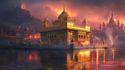 Fototapeta premium Serene Golden Temple Surrounded by Majestic Mountains