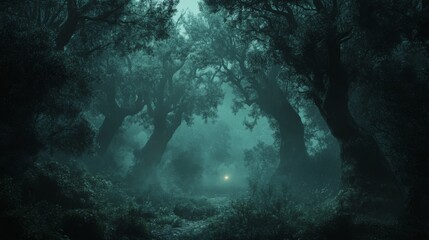 Mysterious Foggy Forest With Glowing Light in the Distance

