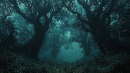 Obraz premium Mysterious Foggy Forest With Glowing Light in the Distance