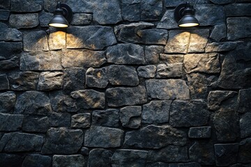 A dark andesite stone wall background with two spotlight lights