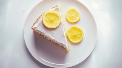 29.A perfectly baked lemon cake served on a plain white plate, topped with a light lemon glaze and garnished with lemon slices. The cake's delicate sponge texture is visible, with a slightly crisp