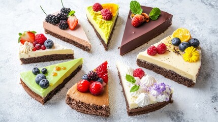 43.A selection of assorted cake slices, featuring a variety of flavors such as chocolate, lemon, matcha, and berry. Each piece is topped with different decorations, including fresh fruit, whipped