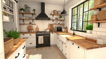A cozy kitchen with wooden accents, shelves, and modern appliances.