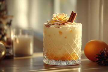 Clean, modern presentation of a holiday drink with a single cinnamon stick, on a neutral background for a cozy look,