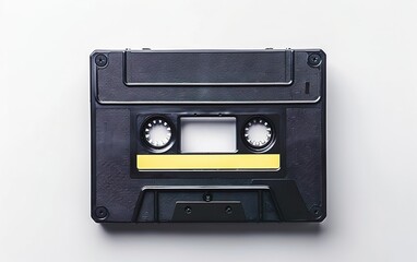 Old black yellow audio cassette isolated on white background. Retro music poster, vintage culture,...