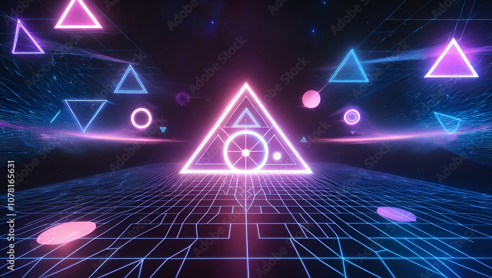 Fototapete futuristic digital background with neon geometric shapes, glowing grid pattern, dark space backdrop,
