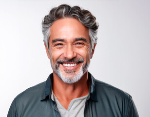 portrait cheerful handsome bearded happy man 60 years brunette on white background