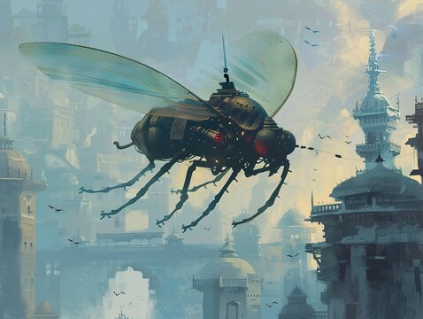 Steampunk Cityscape with a Flying Insect Machine