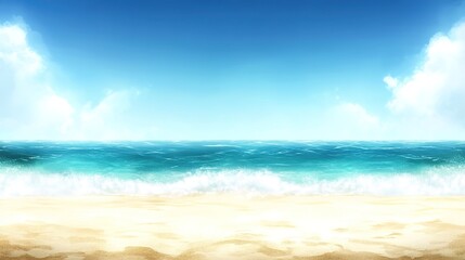 Serene Tranquil Beach Scene with Crystal Clear Water Under Blue Sky and Fluffy White Clouds, Perfect for Relaxation and Vacation Themes in Stock Photography