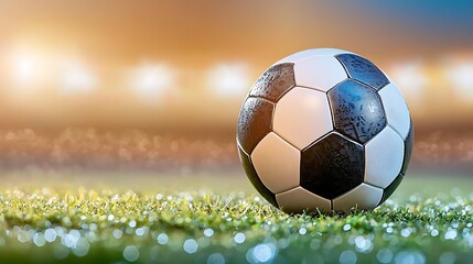 Fototapeta premium The soccer ball, smooth and spherical with black and white panels, rolls effortlessly across the lush green grass of the stadium field, its surface gleaming under the bright stadium floodlights.