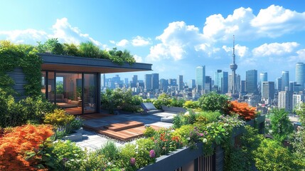 Rooftop garden with city skyline view and greenery.