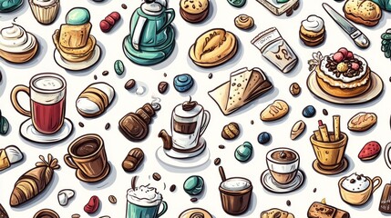 90.A vibrant set of doodles featuring different coffee cups, coffee makers, and bakery items, all drawn in a playful, cartoon-like style. The detailed illustrations capture the warmth and comfort of