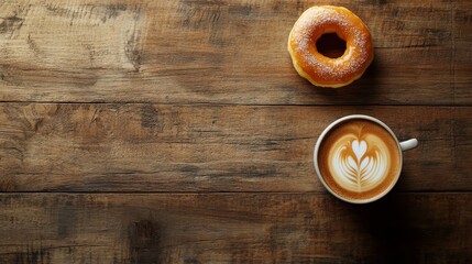79.A wooden desk serves as the backdrop for a top-down view of a hot latte with delicate latte art and a fresh orange donut. The warm tones of the donut&acirc;&euro;&trade;s glaze and the creamy, foamy coffee blend