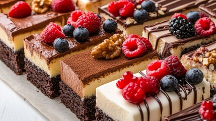 42.A beautifully arranged platter of assorted cake slices, including decadent chocolate, fresh fruit-topped sponge cakes, and creamy cheesecakes. Each slice is artfully decorated with garnishes like