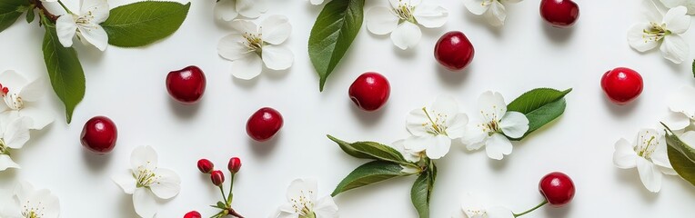 Fresh Cherries and Cherry Blossoms on a White Background