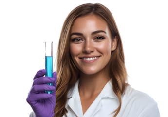 Smiling scientist holds tube