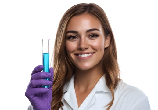 Smiling scientist holds tube