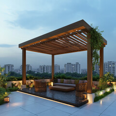 Rooftop terrace with a wooden pergola and comfortable seating