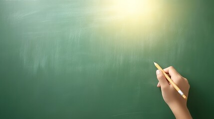 Naklejka premium Hand Holding Yellow Pencil on Blank Green Chalkboard with Soft Light Emanating from Top Corner for Creative Educational Concepts and Teaching Materials