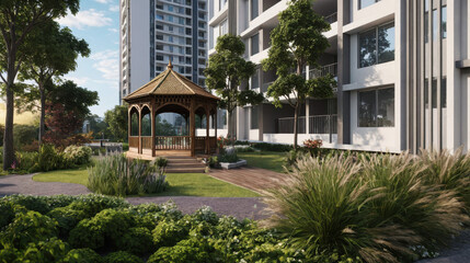 Modern Apartment Complex with Lush Garden and Wooden Gazebo
a beautifully designed modern apartment complex featuring a lush garden area with a wooden gazebo.