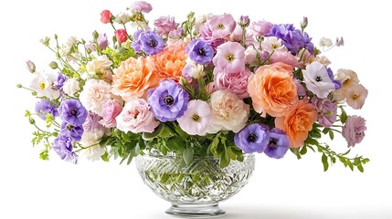A vibrant floral arrangement featuring a mix of colorful flowers in a decorative glass vase.