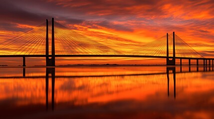 Obraz premium Stunning Sunset Over Majestic Bridge Reflections