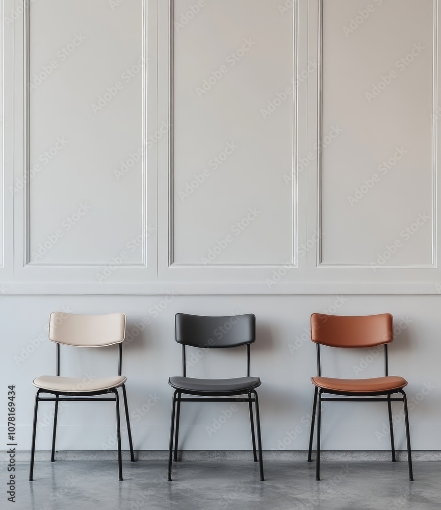 Poster Three chairs with different colors in front of a white wall.