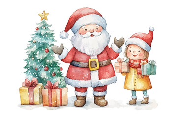 Santa Claus and little girl with christmas giftbox watercolor vector illustration,Merry Christmas