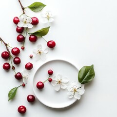 Fresh Cherries and Cherry Blossoms on a White Background