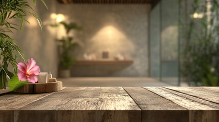 Fototapeta premium Wooden Tabletop with Tropical Accents