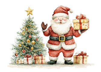 Santa Claus with christmas giftbox watercolor vector illustration