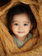 A cute baby sitting in the cradle, beautiful picture, looked at the camera, Generative AI