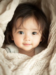 A cute baby sitting in the cradle, beautiful picture, looked at the camera, Generative AI