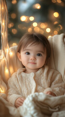 A cute baby sitting in the cradle, beautiful picture, looked at the camera, Generative AI