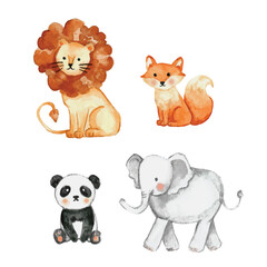 Fototapeta premium Lion fox panda elephant watercolor kids illustration for posters book sticker