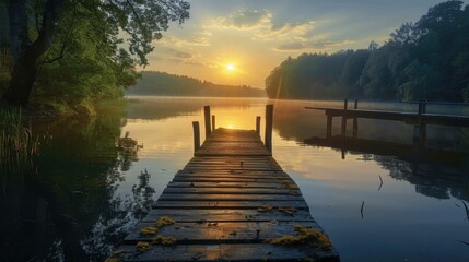 Obraz premium Serene Sunset Over Calm Lake with Wooden Dock