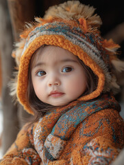 A cute baby sitting in the cradle, beautiful picture, looked at the camera, Generative AI