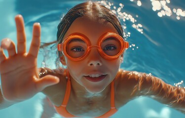 Naklejka premium A girl wearing goggles swims towards the camera while waving in a swimming pool.