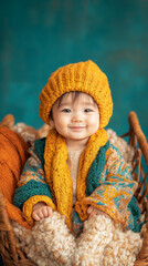 A cute baby sitting in the cradle, beautiful picture, looked at the camera, Generative AI