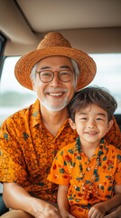 A happy family sitting in the car, beautiful picture, looked at the camera, Generative AI