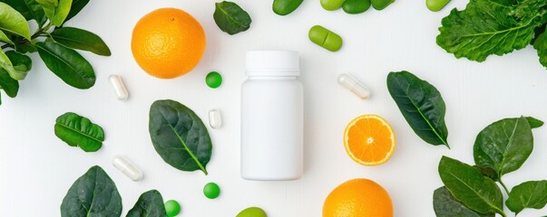 A bottle of supplements surrounded by fresh oranges, green capsules, and mint leaves, emphasizing a theme of health and wellness.