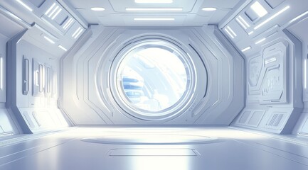 Futuristic spaceship interior with a large circular window looking out at an abstract cityscape.